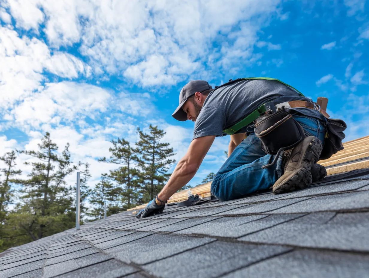 Expert roofer installing shingles